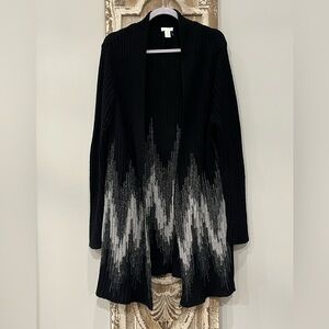 EUC Women’s CHICO’S Black/Silver Open Front Long Length Sweater (Large)
